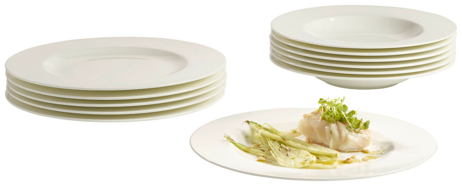 Ein 12-teiliges Tafelset Noblesse mit flachen und tiefen weißen Tellern, präsentiert aus einer seitlichen Perspektive. Ein Teller ist mit einem Fischgericht angerichtet.