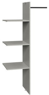 Perspektive von der Seite auf ein graues Regalsystem mit drei Ablageflächen und einer Kleiderstange.