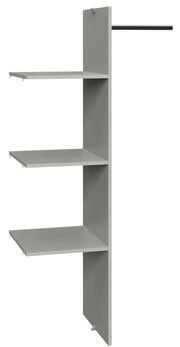 Perspektive von der Seite auf ein graues Regalsystem mit drei Ablageflächen und einer Kleiderstange.