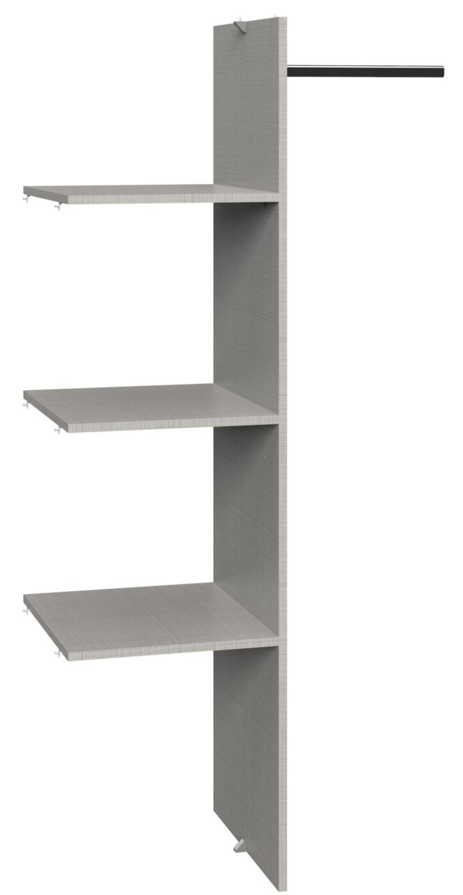 XORA Wäscheeinteilung MULTIRAUMKONZEPT Perspektive von der Seite auf ein graues Regalsystem mit drei Ablageflächen und einer Kleiderstange.