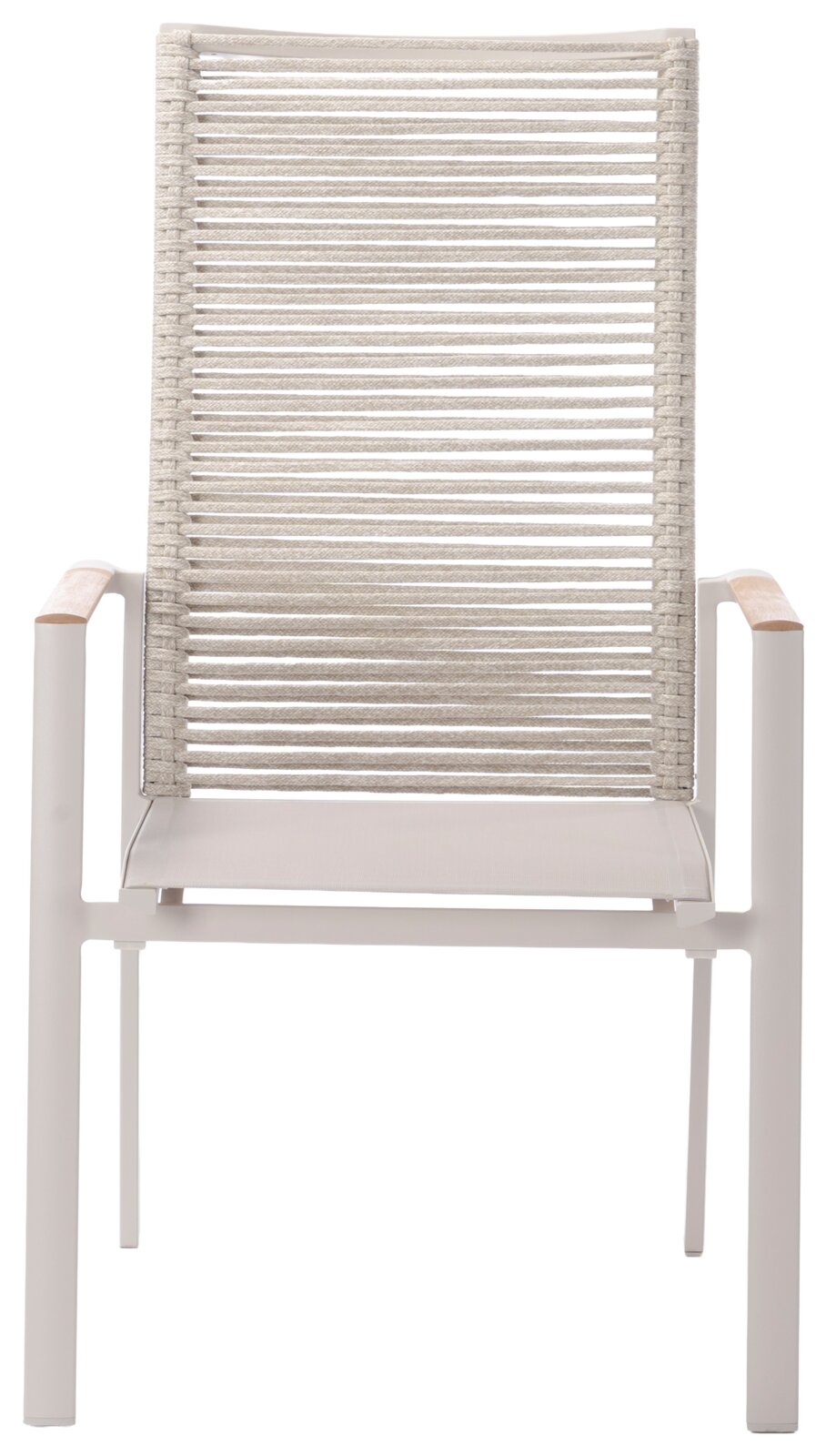 Moderne stapelstoel met hoge rugleuning, gemaakt van licht materiaal met een bekleding van touw, afgebeeld van voren.