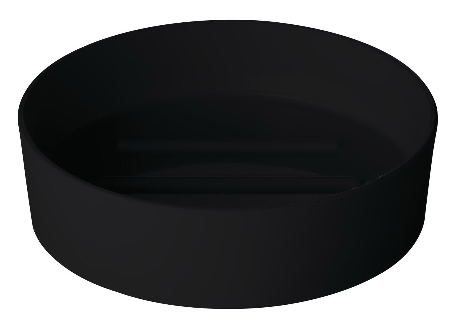 Schwarze, runde Schale/Schüssel aus mattem Material, freigestellt auf weißem Hintergrund, Perspektive: leicht von oben in 3/4-Ansicht