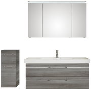 Badezimmermöbel-Set mit Spiegelschrank, Waschbeckenunterschrank und hohem Schrank in moderner, grauer Holzoptik, frontal betrachtet.