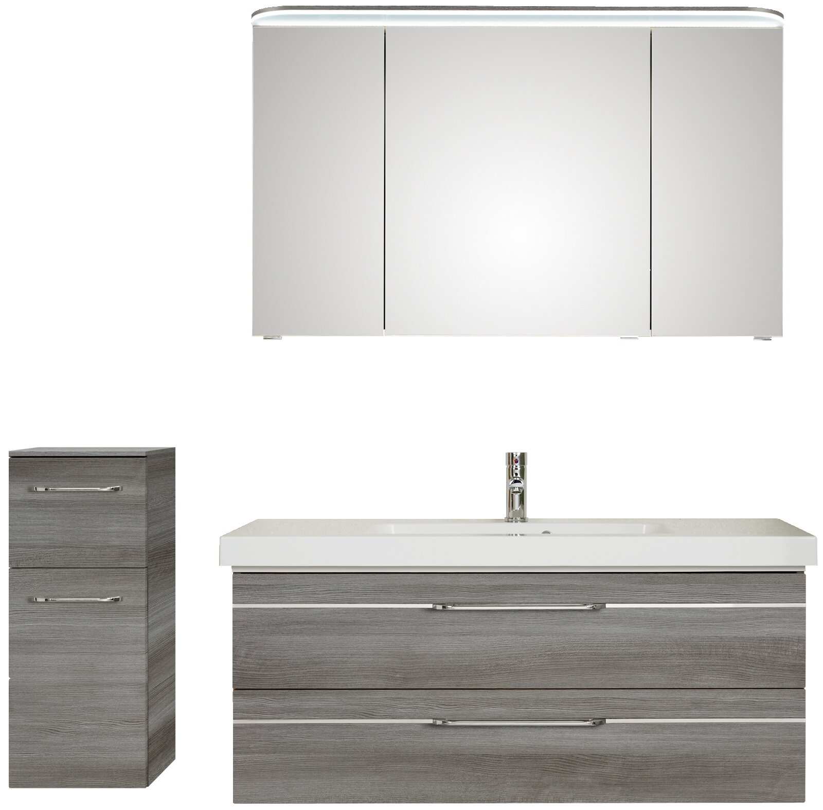 Badezimmermöbel-Set mit Spiegelschrank, Waschbeckenunterschrank und hohem Schrank in moderner, grauer Holzoptik, frontal betrachtet.