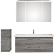 Badkamermeubelset met spiegelkast, wastafelonderkast en hoge kast in een moderne, grijze houtlook, gezien vanaf de voorkant.