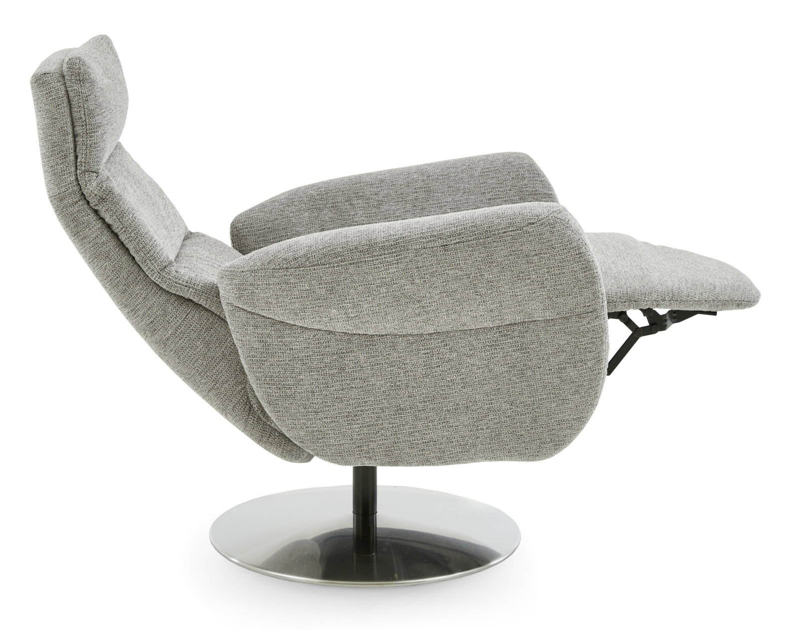 Grauer Relaxsessel in seitlicher Perspektive mit verstellbarer Rückenlehne und Fußstütze auf einem runden Metallfuß.