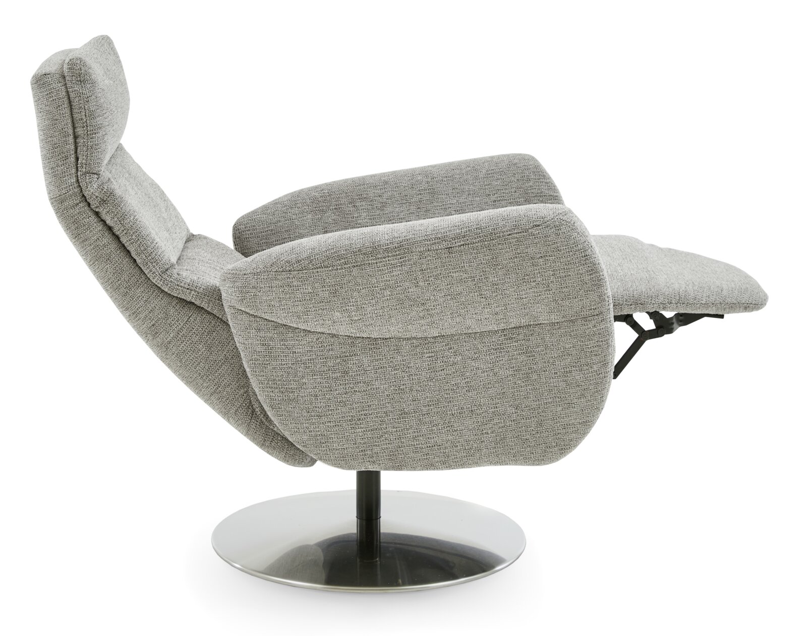 Grijze relaxfauteuil in zijaanzicht met verstelbare rugleuning en voetsteun op een ronde metalen voet.