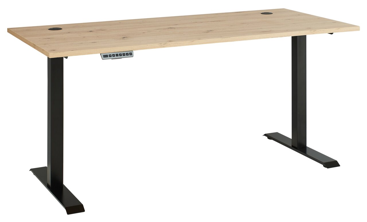 Moderner höhenverstellbarer Schreibtisch mit Holzplatte und schwarzen Metallbeinen, seitliche Perspektive