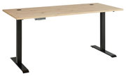 Moderner höhenverstellbarer Schreibtisch mit Holzplatte und schwarzen Metallbeinen, seitliche Perspektive
