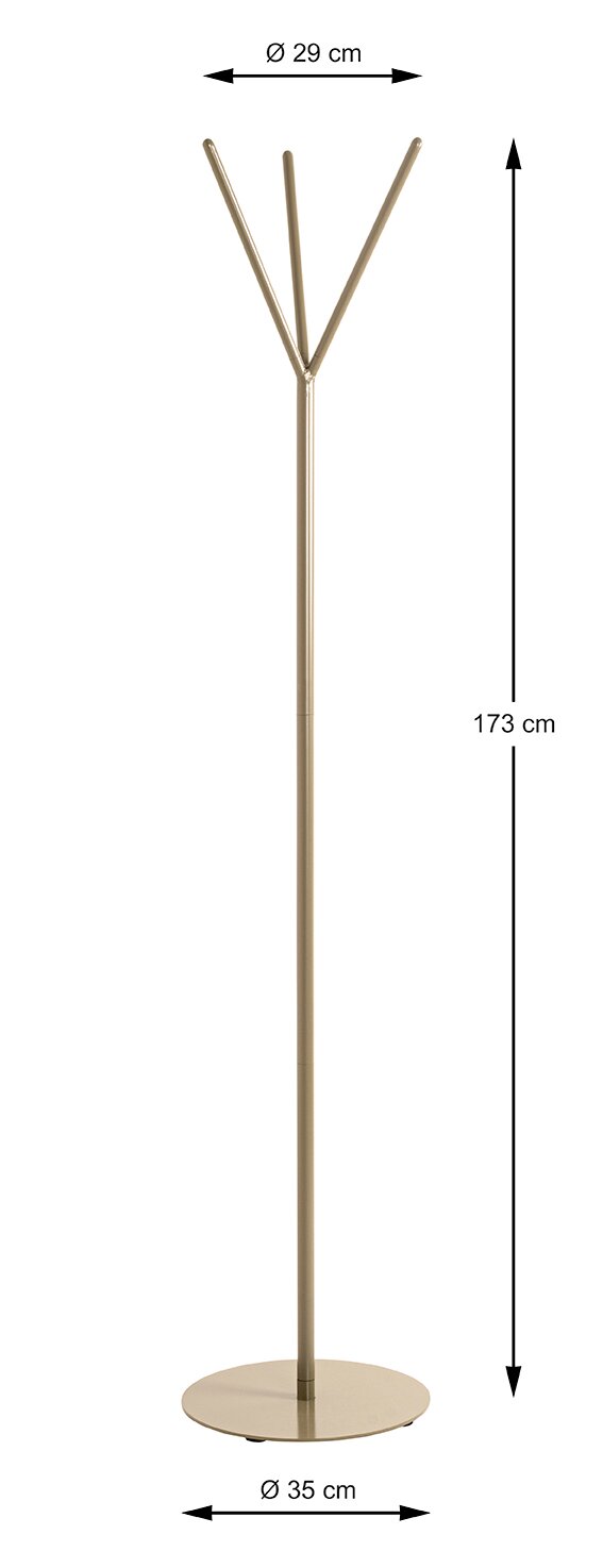 Freistehender Garderobenständer aus Metall in Champagner/Beige mit drei Hakenarmen, runder Standfuß Ø 35 cm, Gesamthöhe 173 cm, obere Breite Ø 29 cm, frontale Ansicht auf weißem Hintergrund.