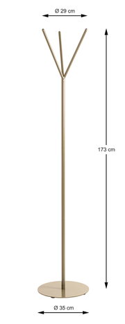 Freistehender Garderobenständer aus Metall in Champagner/Beige mit drei Hakenarmen, runder Standfuß Ø 35 cm, Gesamthöhe 173 cm, obere Breite Ø 29 cm, frontale Ansicht auf weißem Hintergrund.