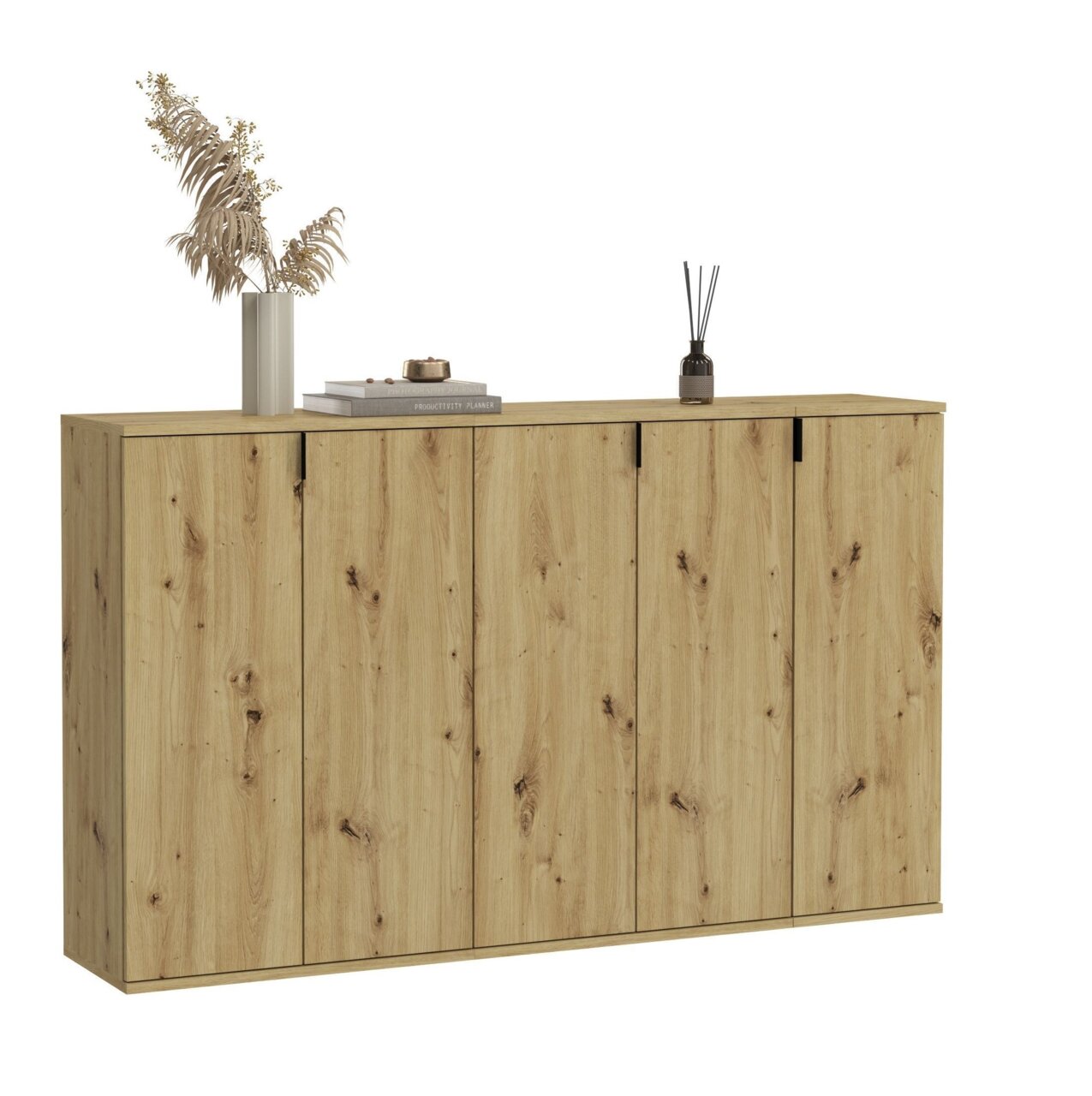 MID.YOU Kommodenkombination PROJEKT X Garderobenkombination aus Holz mit natürlicher Maserung, frontal betrachtet, dekoriert mit Vase, Büchern und Duftstäbchen.