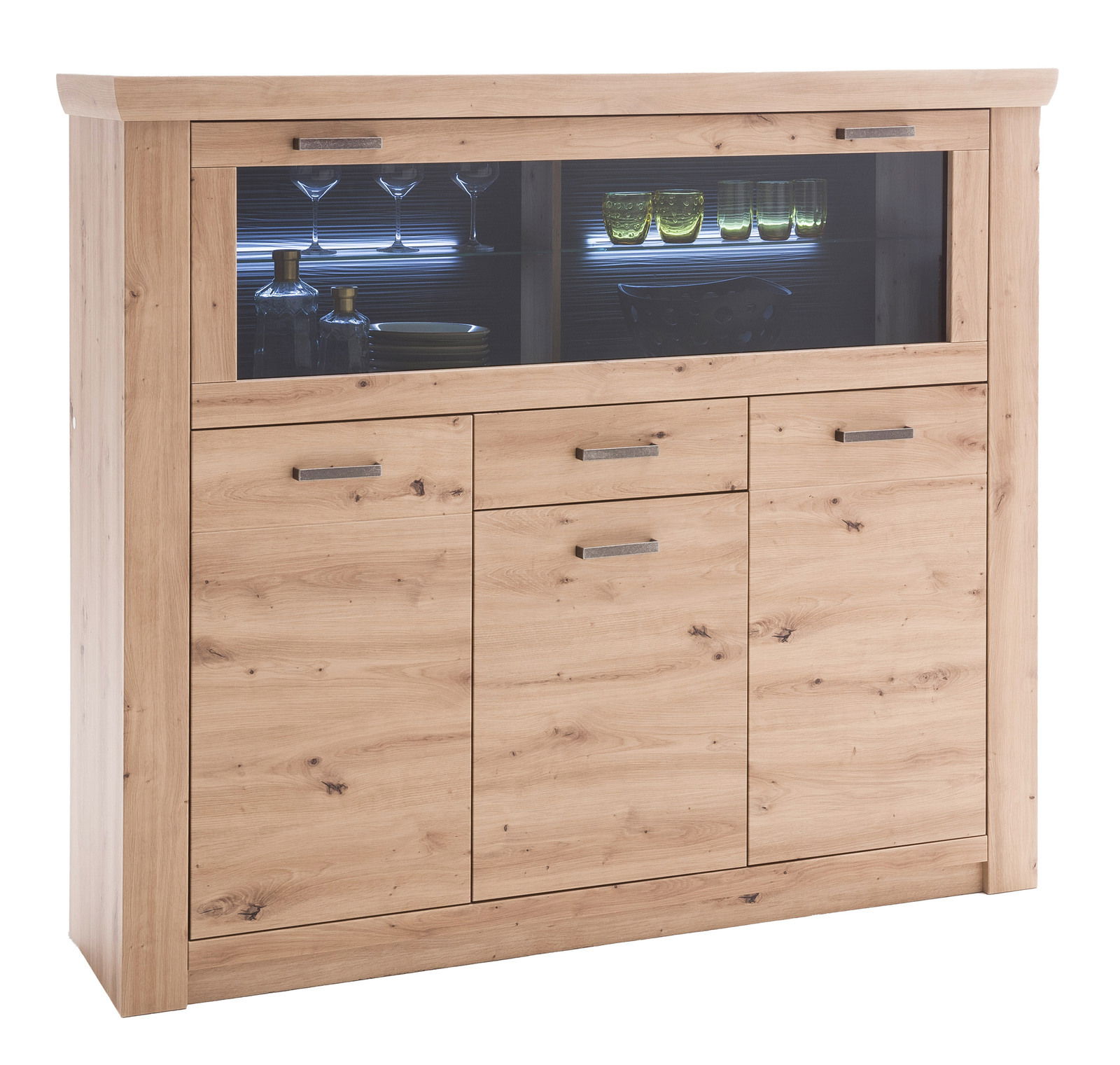 Hochwertiges Highboard aus Holz mit Glaseinsatz und LED-Beleuchtung, frontal betrachtet.