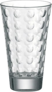 Transparentes Glas mit optischem Punktmuster, frontal fotografiert.