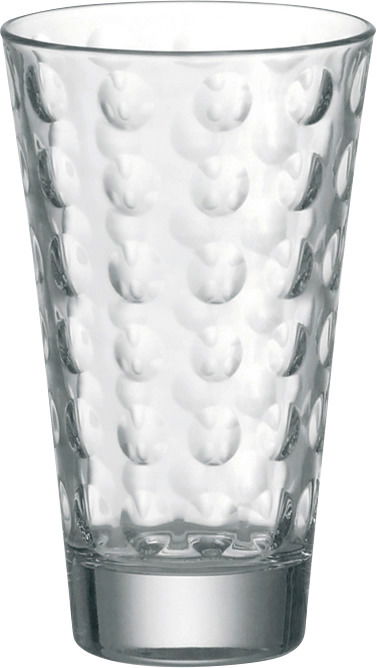 Transparentes Glas mit optischem Punktmuster, frontal fotografiert.