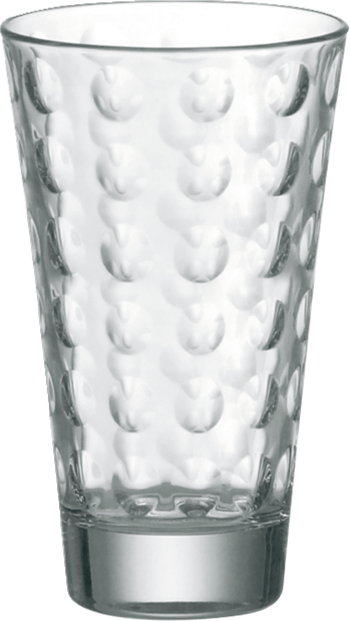 Transparentes Glas mit optischem Punktmuster, frontal fotografiert.