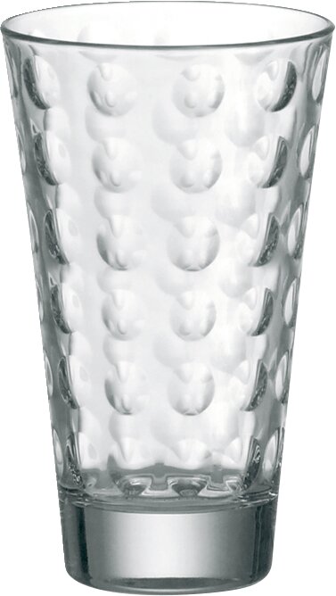 Transparentes Glas mit optischem Punktmuster, frontal fotografiert.