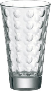 Transparentes Glas mit optischem Punktmuster, frontal fotografiert.