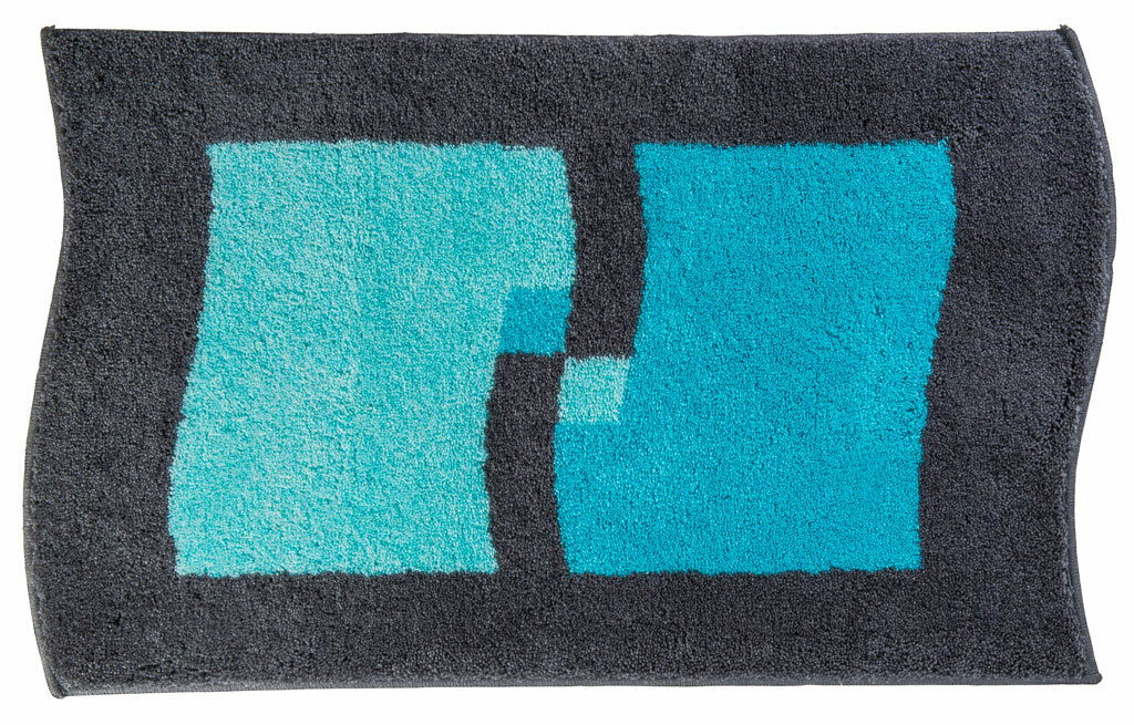 Badteppich in rechteckiger Form mit abstraktem blau-schwarzem Muster, Draufsicht