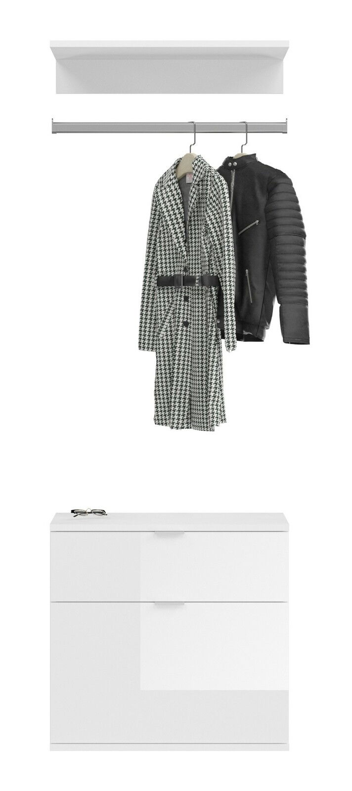 Frontale Ansicht einer weißen Garderobenkombination mit Hängestange, auf der ein Mantel und eine Jacke hängen, sowie einem Schuhschrank darunter.