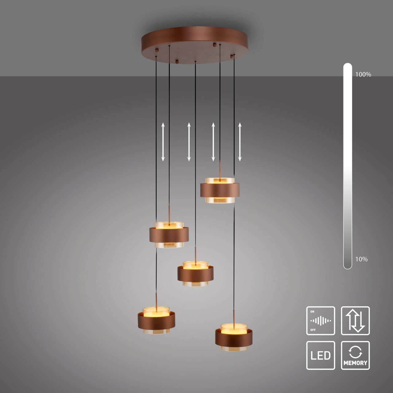 Moderne LED-Hängeleuchte mit fünf verstellbaren Leuchtkörpern in einer warmen Kupferoptik, von unten betrachtet.