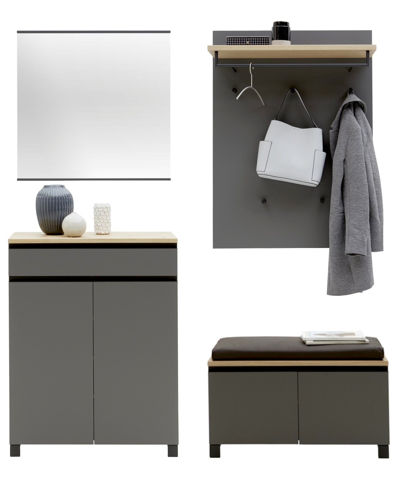 Dieter Knoll Garderoben-Set 5-tlg. SORRENT Garderoben-Set 5-tlg. in moderner Perspektive, bestehend aus einem Spiegel, einer Wandgarderobe mit Ablage und Haken, einem Schrank mit Dekoration und einer Sitzbank mit Stauraum.