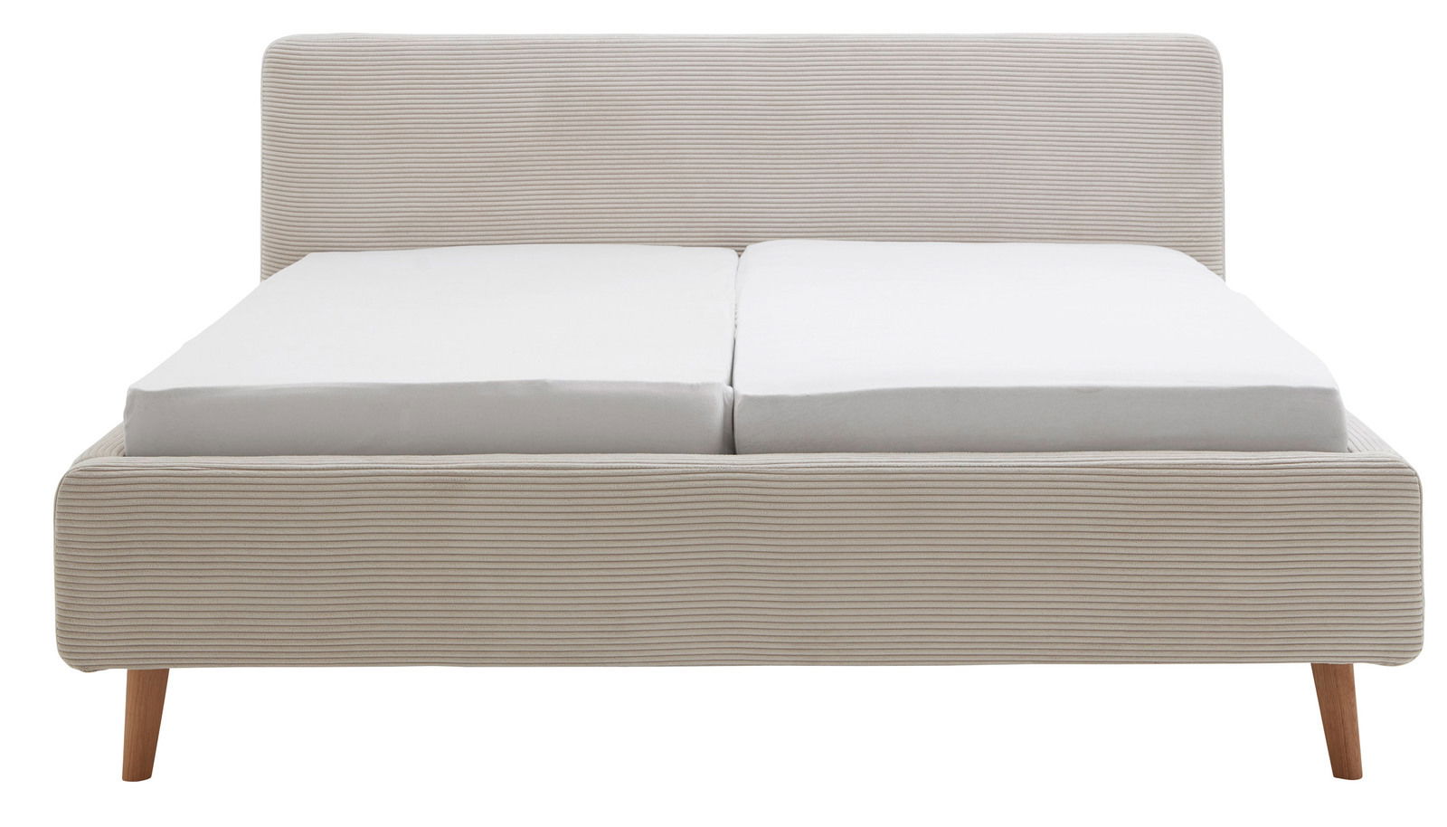 Frontale Ansicht eines Polsterbettgestells mit hellgrauem Stoffbezug und Holzbeinen.