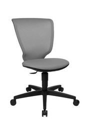 Grauer Drehstuhl mit Netzrückenlehne, seitliche Perspektive