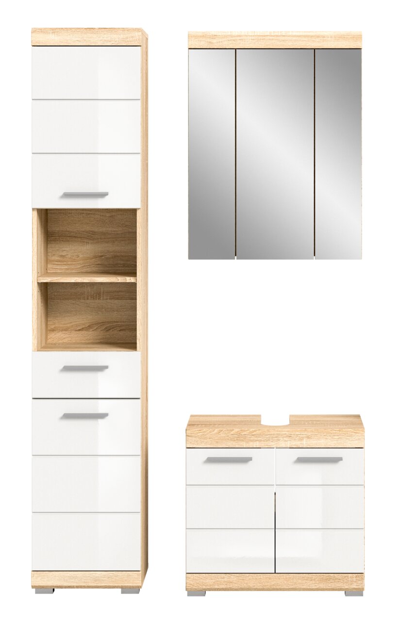 Badezimmermöbel-Set in Holzoptik mit weißem Hochglanz-Finish, bestehend aus einem hohen Schrank, einem Spiegelschrank und einem Unterschrank. Frontalansicht.