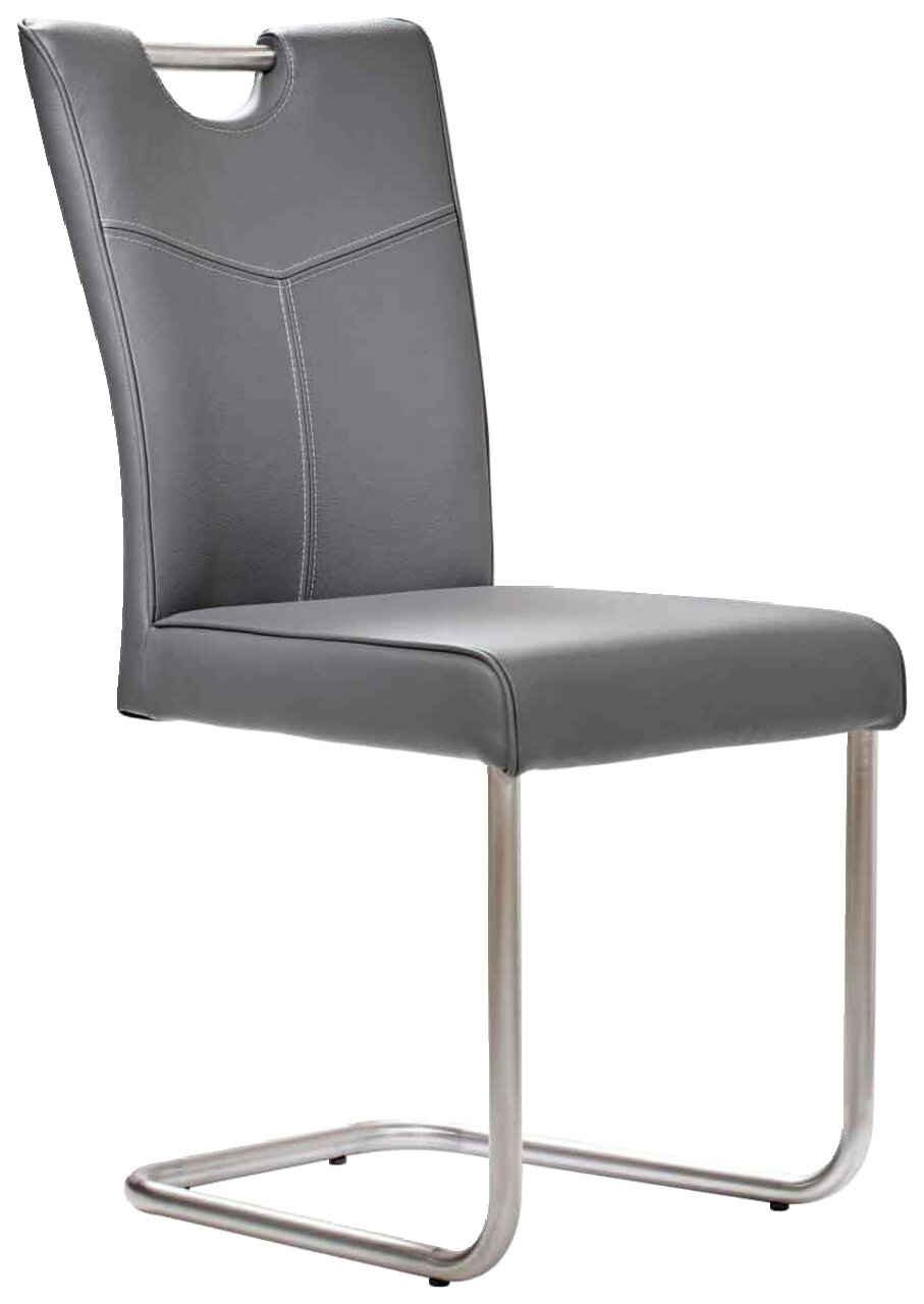 Moderner Freischwinger-Stuhl aus der Serie STOCKHOLM in grauem Leder mit Edelstahlgestell, seitliche Perspektive