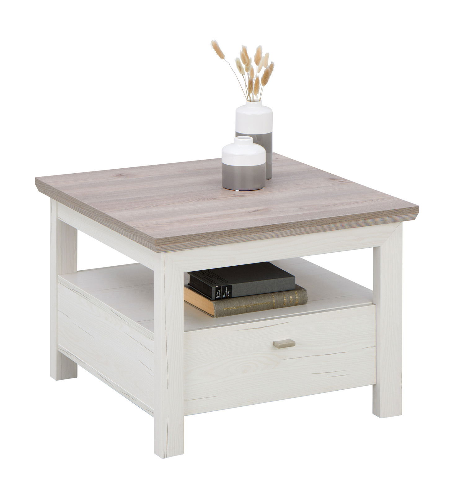 Hom´in Beistelltisch CAMRON Beistelltisch CAMRON in hellem Holz mit Schublade und Ablage, dekoriert mit zwei Vasen, seitliche Perspektive
