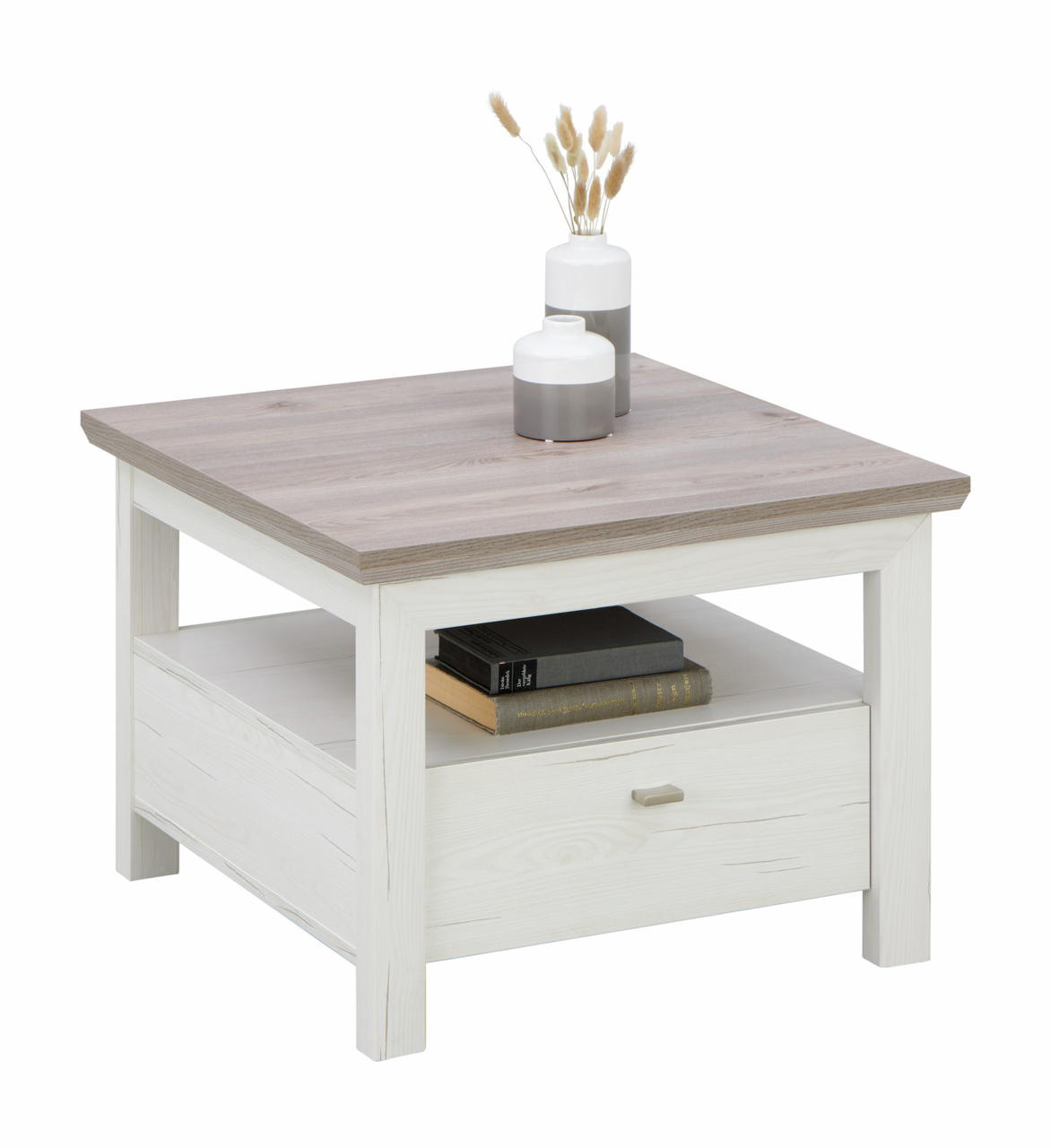 Hom´in Beistelltisch CAMRON Beistelltisch CAMRON in hellem Holz mit Schublade und Ablage, dekoriert mit zwei Vasen, seitliche Perspektive