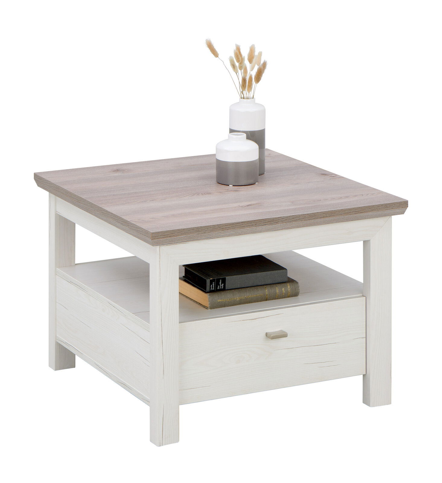 Hom´in Beistelltisch CAMRON Beistelltisch CAMRON in hellem Holz mit Schublade und Ablage, dekoriert mit zwei Vasen, seitliche Perspektive