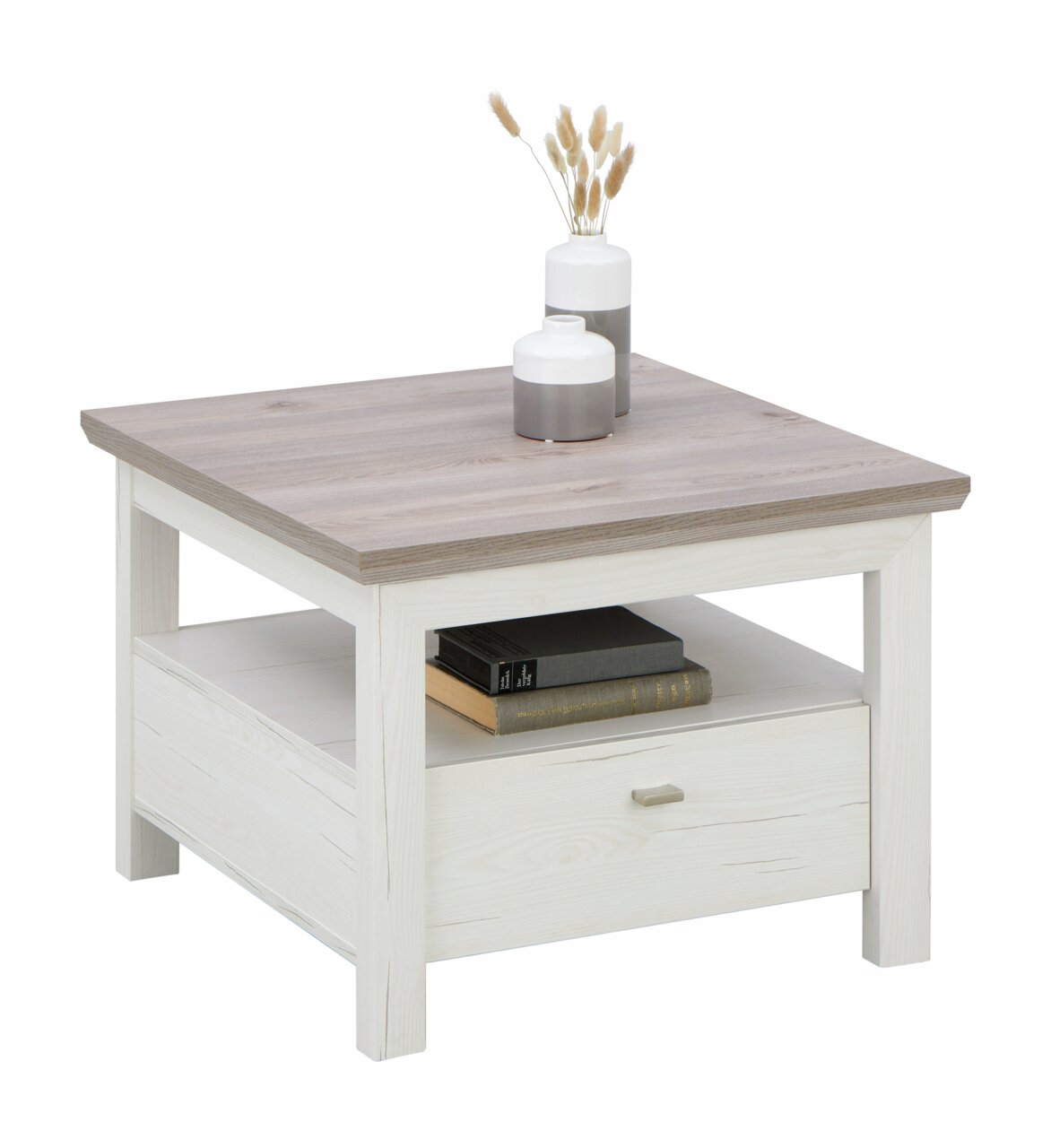 Beistelltisch CAMRON in hellem Holz mit Schublade und Ablage, dekoriert mit zwei Vasen, seitliche Perspektive