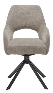 Frontansicht eines modernen Armlehnstuhls mit grauem Stoffbezug und schwarzem Metallgestell.