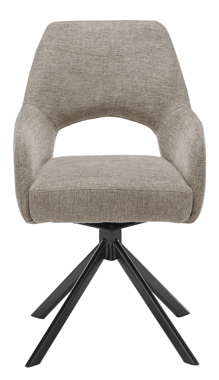 Vooraanzicht van een moderne fauteuil met grijze stoffen bekleding en een zwart metalen frame.