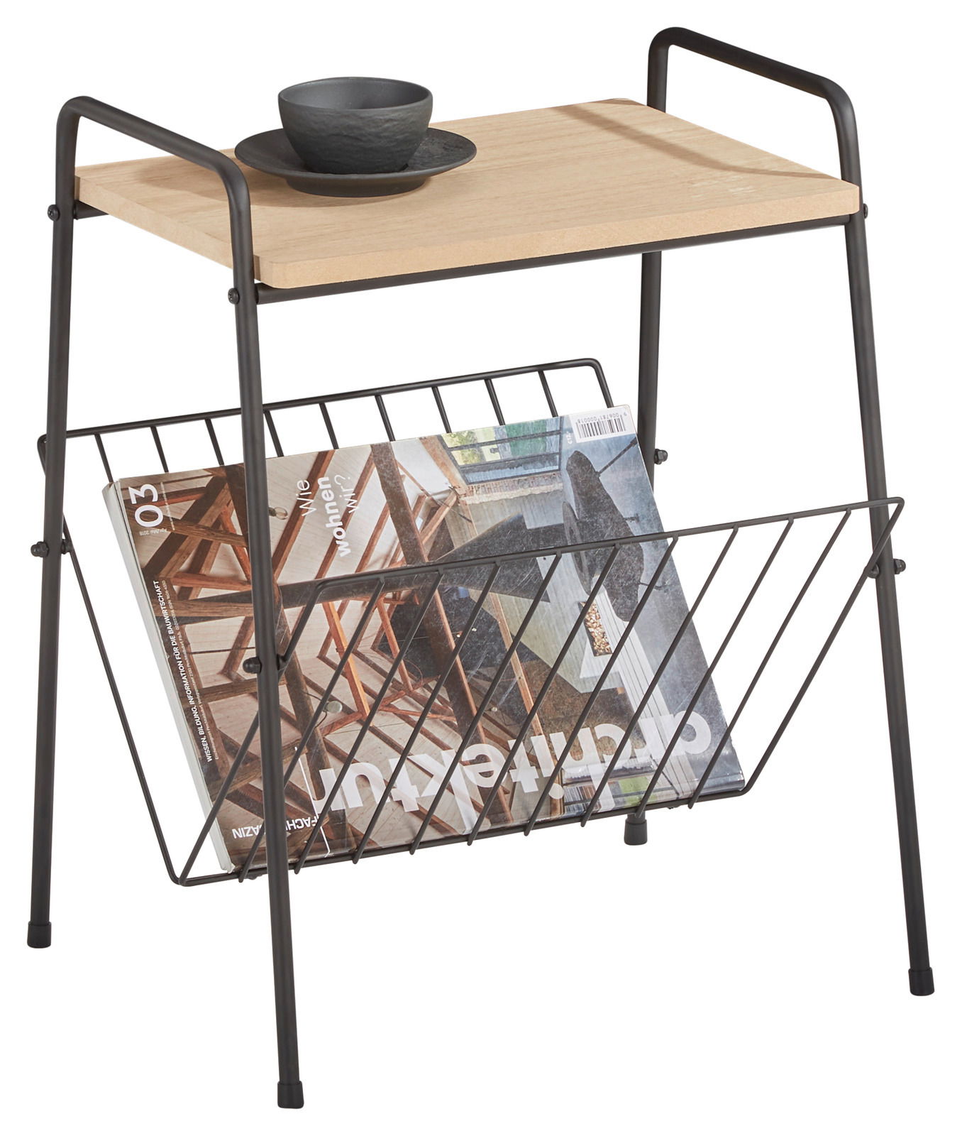 Moderner Beistelltisch mit Holzplatte und schwarzem Metallgestell, inklusive Zeitschriftenhalter, seitliche Perspektive