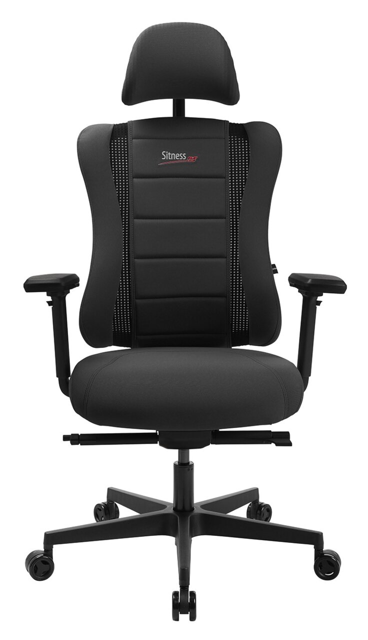 Schwarzer Gaming Stuhl mit Kopfstütze und Armlehnen, Vorderansicht