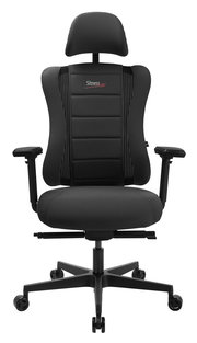 Schwarzer Gaming Stuhl mit Kopfstütze und Armlehnen, Vorderansicht