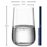 Trinkglas Brunelli 530ml, seitliche Ansicht, gefüllt mit sprudelndem Wasser, Maße: 140 mm hoch, 85 mm oberer Durchmesser, 65 mm unterer Durchmesser.