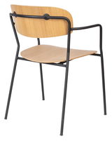 Rückansicht eines Armlehnenstuhls mit Holzsitz und -lehne sowie schwarzem Metallrahmen.