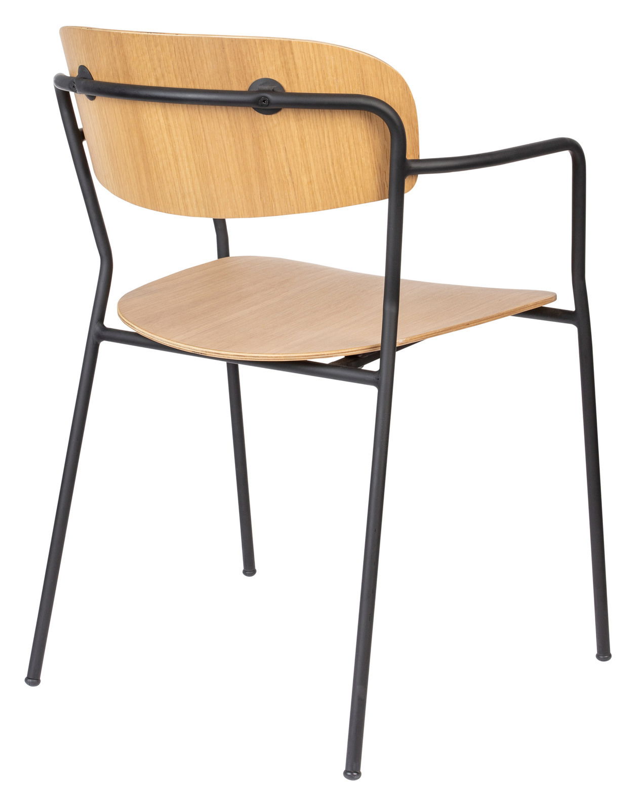 Rückansicht eines Armlehnenstuhls mit Holzsitz und -lehne sowie schwarzem Metallrahmen.