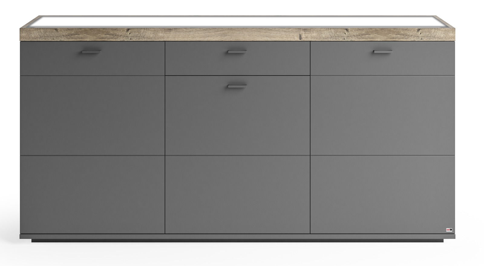 Modernes Sideboard in grauer Farbe mit Holzoberfläche, Frontansicht