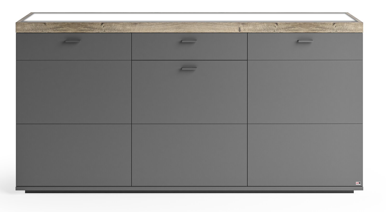 Modernes Sideboard in grauer Farbe mit Holzoberfläche, Frontansicht