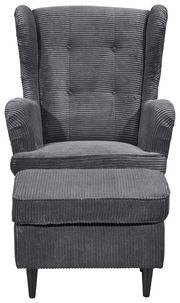 Grauer Sessel mit Hocker aus geripptem Stoff, Vorderansicht