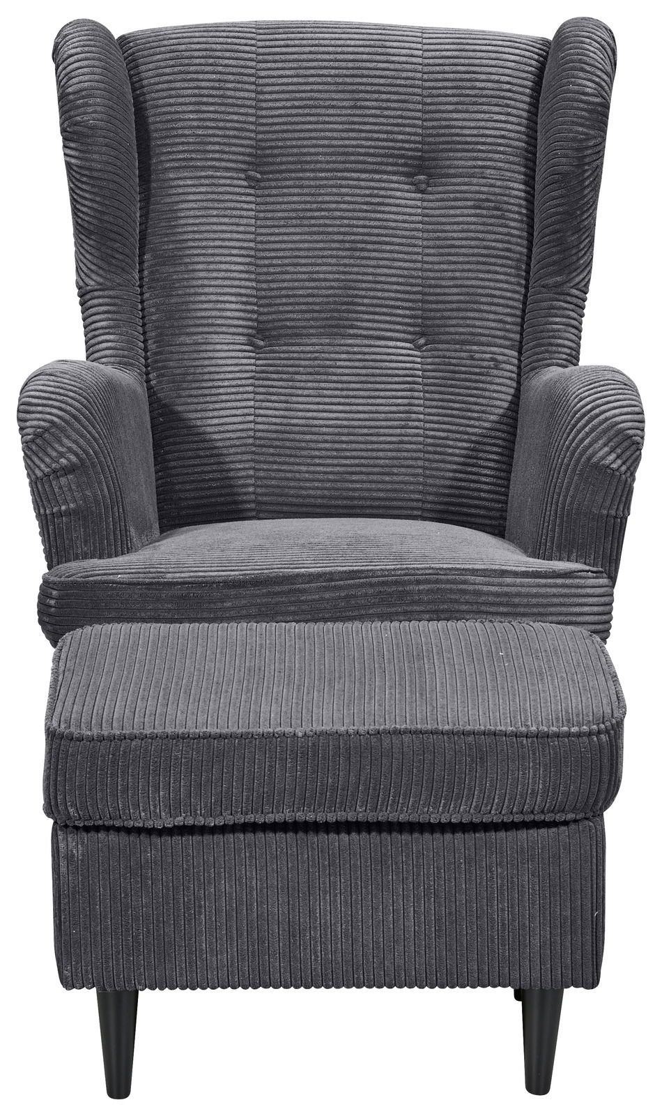 Grauer Sessel mit Hocker aus geripptem Stoff, Vorderansicht