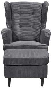 Grauer Sessel mit Hocker aus geripptem Stoff, Vorderansicht