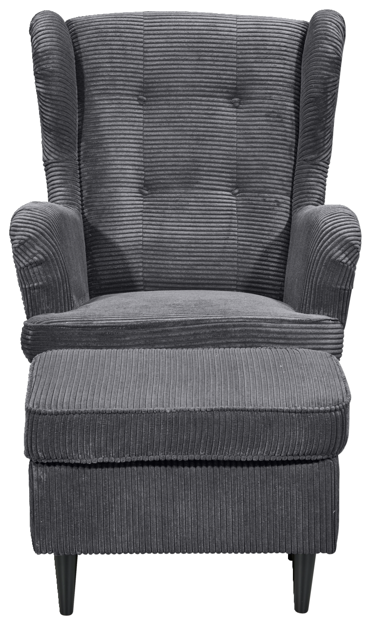 Grauer Sessel mit Hocker aus geripptem Stoff, Vorderansicht