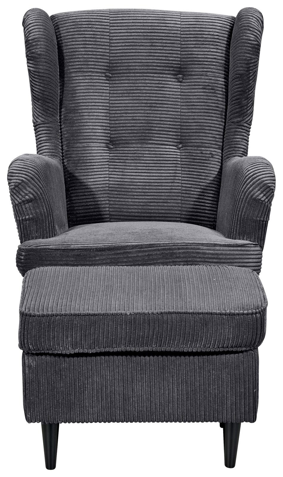 Grauer Sessel mit Hocker aus geripptem Stoff, Vorderansicht