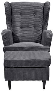 Grauer Sessel mit Hocker aus geripptem Stoff, Vorderansicht